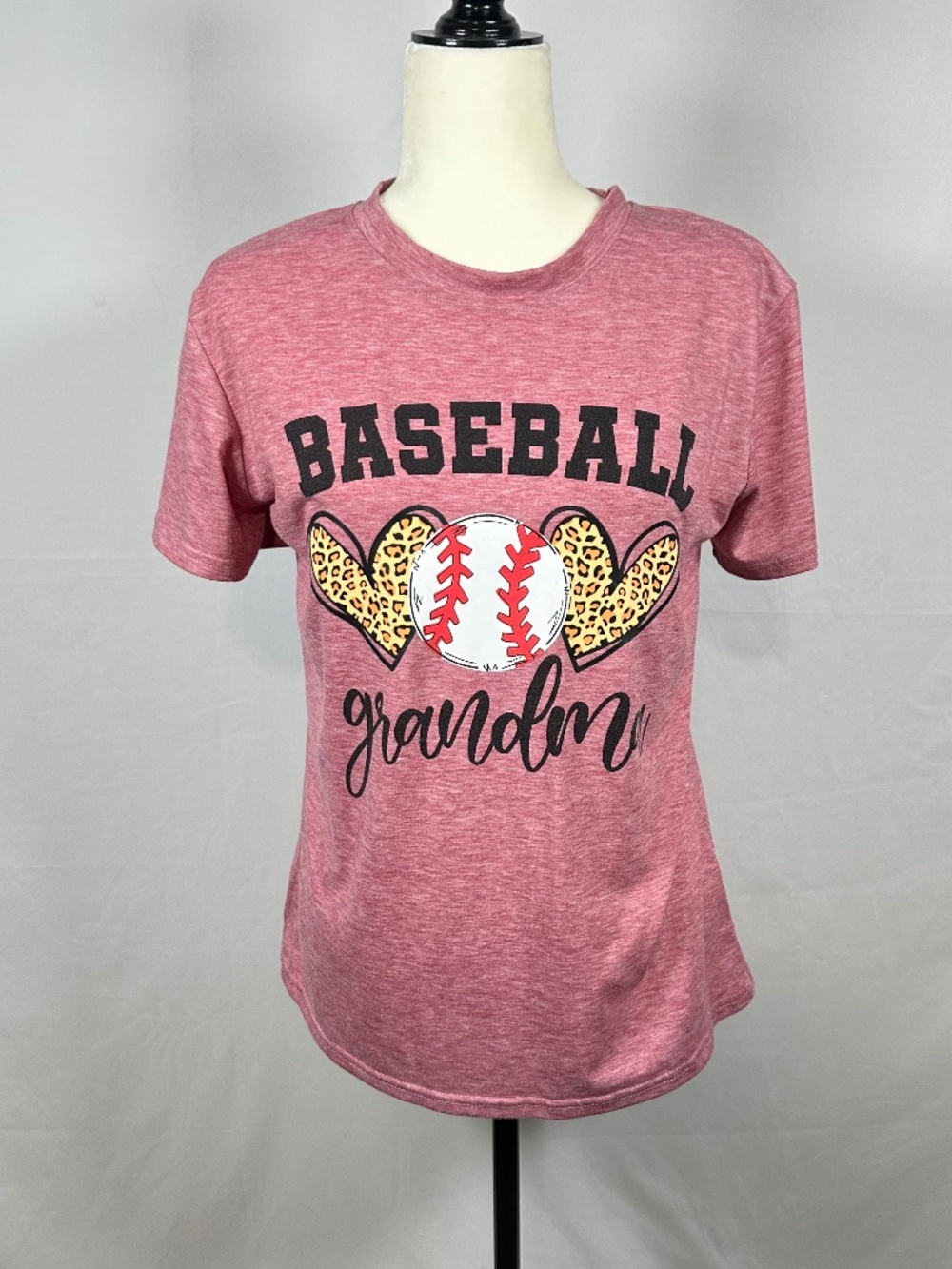 Baseball Grandma Heart Leopard Heathered Pink Size Medium T-Shirt Short Sleeve